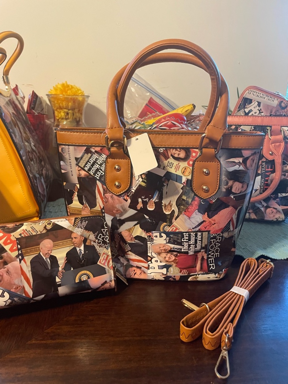 Magazine Collage Print Satchel Handbag with Tan Trim